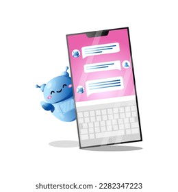 Artificial intelligence robot with smartphone. Application for communication between human and chat bot. Online technology messages. Cute vector character