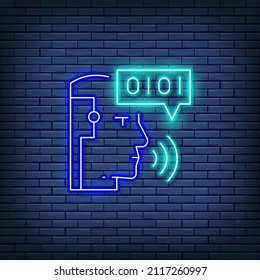 Artificial intelligence, robot with sound waves, chatbot, voice recognition neon sign.