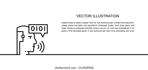Artificial intelligence, robot with sound waves, chatbot, voice recognition one line icon.