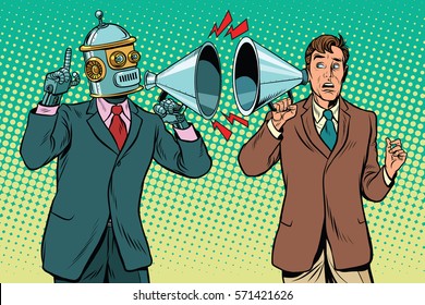 Artificial Intelligence Robot Speaks To The Human. Vintage Pop Art Retro Illustration. Computer And New Technology