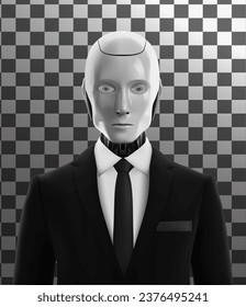 Artificial intelligence robot in suit with a tie. Isolated on a transparent background. Concept of robotization, the replacement of human AI. 3d Vector illustration