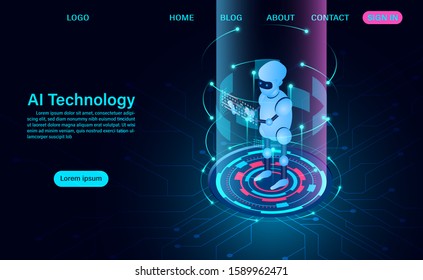 artificial intelligence robot technology. system analysis. big data processing. isometric vector neon dark