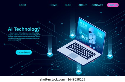 artificial intelligence robot technology. system analysis. big data processing. isometric vector neon dark