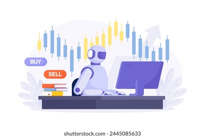 Artificial intelligence, robot trader. Trading bot analyze cryptocurrency market data, financial exchange, earning profit. AI for automation trading on stock market