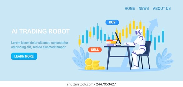 Artificial intelligence, robot trader. Trading bot analyze cryptocurrency market data, financial exchange, earning profit. AI for automation trading on stock market