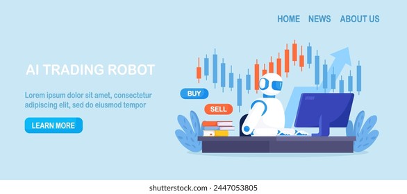 Artificial intelligence, robot trader. Trading bot analyze cryptocurrency market data, financial exchange, earning profit. AI for automation trading on stock market