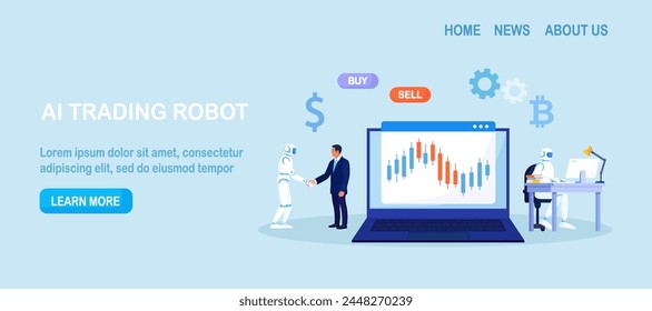 Artificial intelligence, robot trader. Trading bot analyze market data, financial exchange, earning profit. AI for automation trading on stock market. Digital currency market transactions