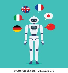 Artificial Intelligence robot translator. Artificial Intelligence chatbot translator. Vector illustration