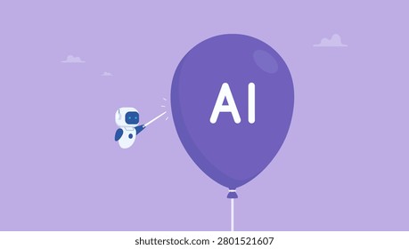 Artificial intelligence robot using needle to burst AI balloon bubble. AI stock market bubble crash, uncertainty on fragile inflated speculation, danger on vulnerable recession warning.
