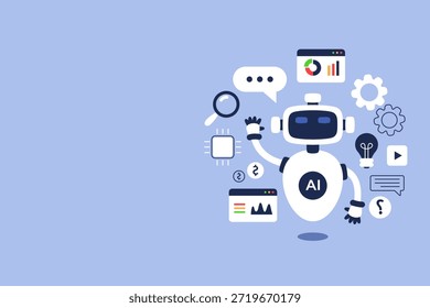 Robot de inteligencia artificial con varios iconos que representan datos y tecnología