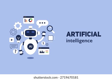 Robot de inteligencia artificial con varios iconos que representan datos y tecnología