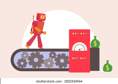 Artificial intelligence robot vector concept: Robot running on a machine to produce money