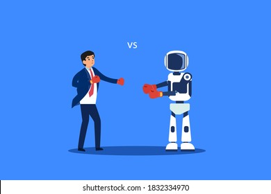 Artificial Intelligence robot vector concept: Businessman and artificial intelligence robot are fighting with boxing gloves