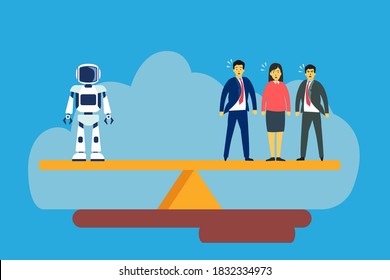 Artificial Intelligence robot vector concept: Robot standing on the scale and equal to three business people