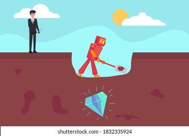 Artificial intelligence robot vector concept: Businessman controlling a robot to mine a diamond on the dirt