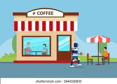 Artificial intelligence robot vector concept: Robot replace human to work as a waitress in coffee shop