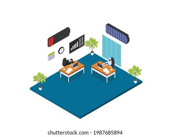 Artificial Intelligence robot vector concept: Tired businessman competing with artificial intelligence robot to working in the office