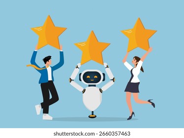 Artificial Intelligence Robot Wins Competition with Humans Holding Star Trophy. AI Success in Business Performance Illustration