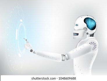 Artificial Intelligence robot is working on virtual display that provides space at the center for text or title. Vetor Illustration.