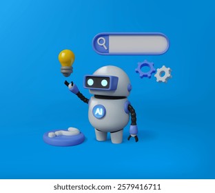 Artificial intelligence robot with yellow lamp. Around the search bar, gears, question mark icon. Artificial intelligence training.
