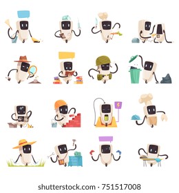 Inteligencia artificial sistemas robóticos automatizados que ayudan a la gente caricaturizar la colección de iconos con los robots socializadores amigos limpiadores meseros ilustración vectorial