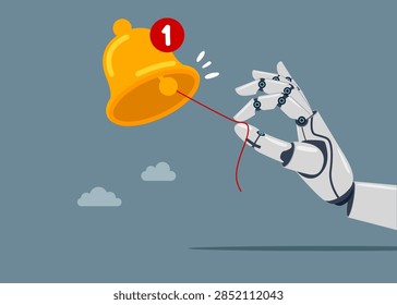 Artificial intelligence. Robotic hand cyborg new subscriber ringing the big bell with notification number. Ring subscription bell to get reminder for new social media content.