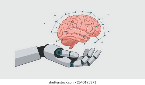 Artificial Intelligence Robotic Hand Holding Human Brain, Neural Network Concept