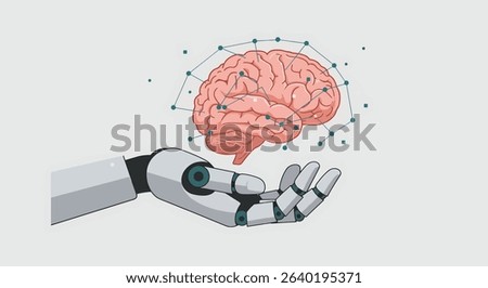 Artificial Intelligence Robotic Hand Holding Human Brain, Neural Network Concept