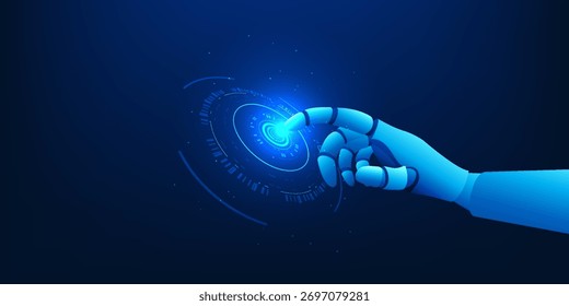 Intelligence artificielle main robotique touchant un cercle de technologie numérique, symbolisant l'interaction de l'IA, le contrôle intelligent et la connexion entre les machines et les réseaux de données.