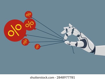 Artificial intelligence. Robotic hand tries to pull down many inflation balloons. Robot reserve try to tame inflation down by interest rate hike. Stop inflation, Inflation bubble. Flat Vector illustration.