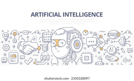 Artificial intelligence as robotic head processing big data and learning how to talk with human. Neural network and machine learning concept. Doodle linear illustration