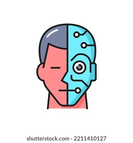 Artificial intelligence, robotic technology outline icon with human and cyborg face. Intelligent machine, humanoid robots and AI innovation thin line vector symbol or icon