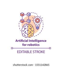 Artificial intelligence for robotics concept icon. Smart computer system idea thin line illustration. Machine knowledge. Thinking and analysing. Vector isolated outline drawing. Editable stroke