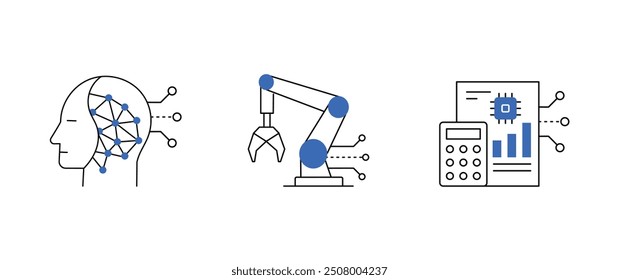 Künstliche Intelligenz, Robotik und die Zukunft der Steuerautomatisierung - Revolutionieren von Steuerprozessen mit KI und Roboterautomatisierung. Bearbeitbare Striche und Farben.