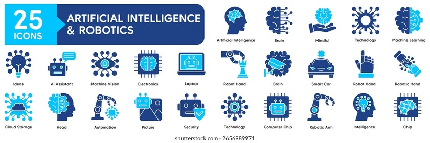 Inteligencia Artificial y Robótica Iconos Colección relacionada con IA, aprendizaje automático, redes neuronales, cerebro, innovación