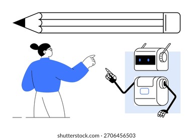 Inteligencia artificial, robótica, innovación, educación, creatividad, herramientas de diseño, aprendizaje futurista. Un humano y un robot interactuando cerca de un Grande lápiz. Concepto de innovación y creatividad en robótica