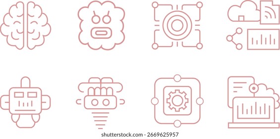 Conjunto de iconos de línea de inteligencia artificial y robótica: IA, aprendizaje automático, Vector de Tecnología