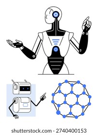 Artificial intelligence, robotics, machine learning, futuristic advancements, science technology, data analysis. Human-thumbs up robot, small bot molecular network diagram. Artificial intelligence