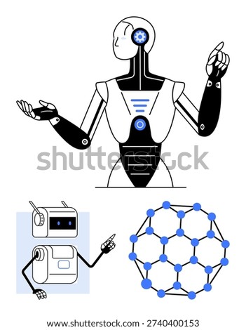 Artificial intelligence, robotics, machine learning, futuristic advancements, science technology, data analysis. Human-thumbs up robot, small bot molecular network diagram. Artificial intelligence