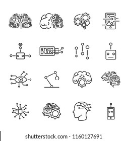 Artificial intelligence robotics outline icons collection with abstract brains, micro chips and robotic body parts symbols.Futuristic computer technology science icons set.Artificial mind development.