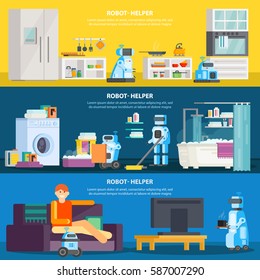 Artificial intelligence, robots are aides for home care. Modern robots around the house: laundry, washing the floor, cooks, she brings coffee. Vector illustration.