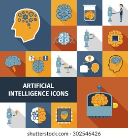 Artificial intelligence robots and cyber futuristic icons set flat isolated vector illustration