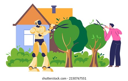 Artificial intelligence and robots helping with household chores and gardening. Humanoid trimming leaves and branches of trees. Maintaining backyard and plants outdoors. Vector in flat style