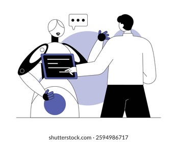 Artificial intelligence in robots as human assistants in daily activities, semi outline style, vector illustration.