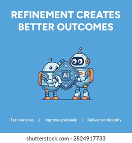 Artificial intelligence robots polishing a digital processor chip as a conceptual illustration of refinement process improvement for modern machine learning technology in a vibrant blue background