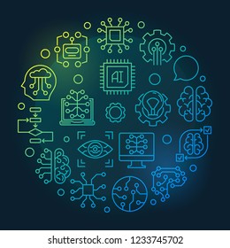 Artificial Intelligence round vector colored line illustration. AI technology vector linear icons in circle shape on dark background