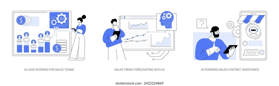 Artificial Intelligence in Sales abstract concept vector illustration set. AI-Lead Scoring for Sales Teams, Sales Trend Forecasting with AI, AI-Powered Sales Chatbot Assistance abstract metaphor.