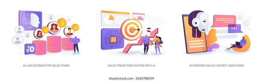 Artificial Intelligence in Sales abstract concept vector illustration set. AI-Lead Scoring for Sales Teams, Sales Trend Forecasting with AI, AI-Powered Sales Chatbot Assistance abstract metaphor.