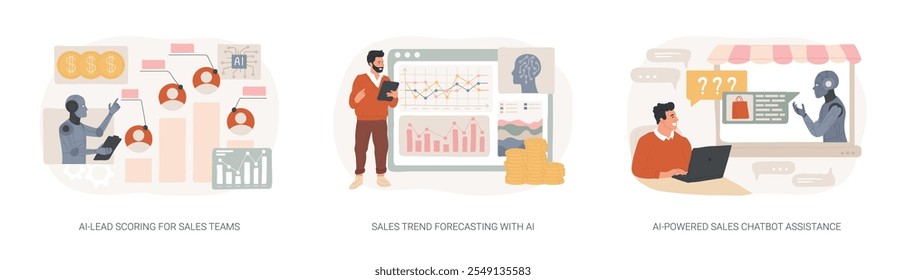 Artificial Intelligence in Sales abstract concept vector illustration set. AI-Lead Scoring for Sales Teams, Sales Trend Forecasting with AI, AI-Powered Sales Chatbot Assistance abstract metaphor.