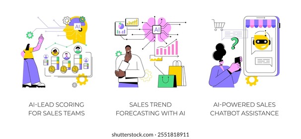 Artificial Intelligence in Sales abstract concept vector illustration set. AI-Lead Scoring for Sales Teams, Sales Trend Forecasting with AI, AI-Powered Sales Chatbot Assistance abstract metaphor.